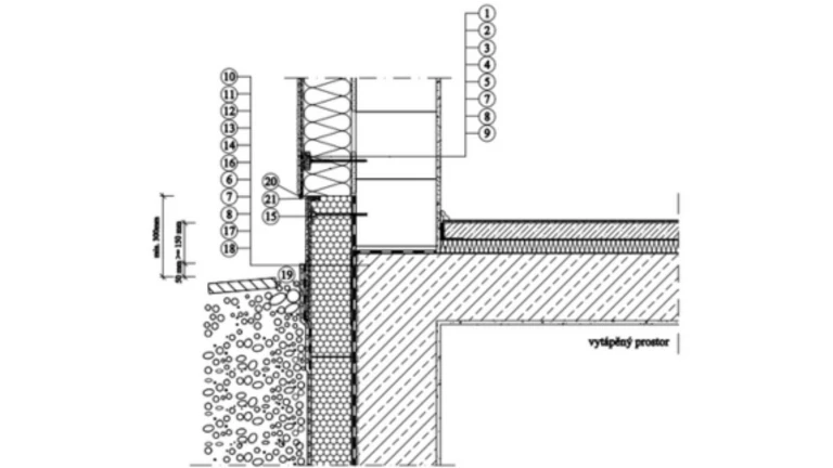 ETICS Weber therm - sokl - třída reakce na oheň A1- detail soklové části (s vytápěným suterénem) se změnou tloušťky izolace