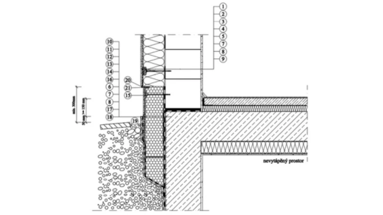 ETICS Weber therm - sokl - třída reakce na oheň A1- detail soklové části (bez vytápěného suterénu) se změnou tloušťky izolace